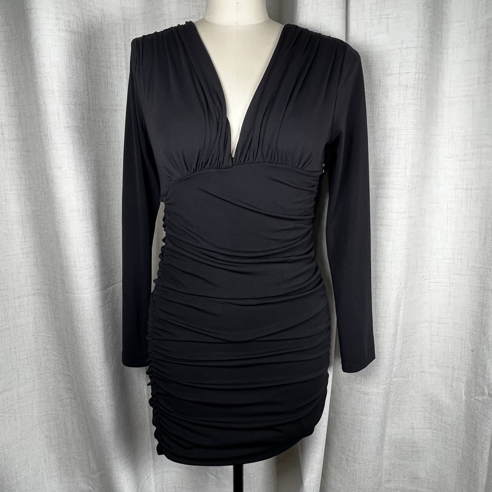 NEW! Zara Size Small Black Ruched Draped V-Neck Bodycon Mini‎ Dress Party Sexy
